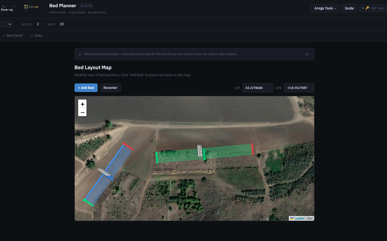 Amiga Bed Planner — satellite map with bed layout overlaying farm plots