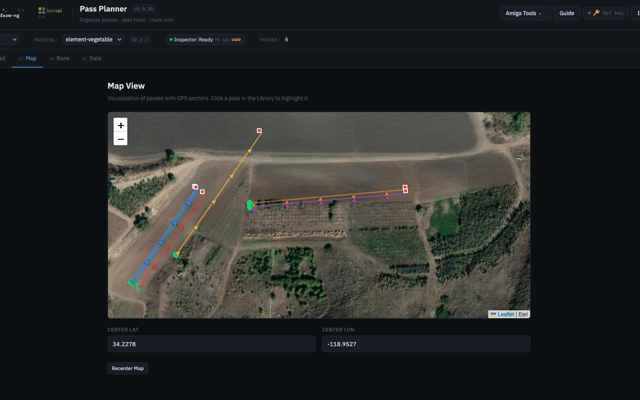 Amiga Pass Planner — pass routes with GPS waypoints overlaying farm satellite imagery